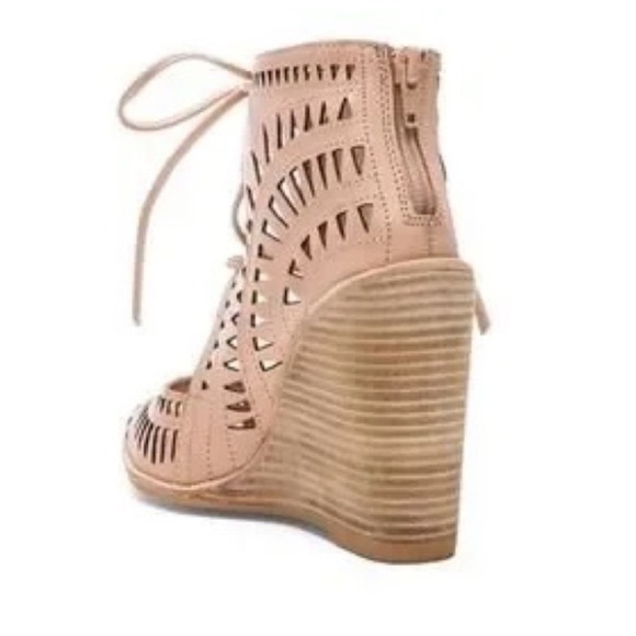 JEFFREY CAMPBELL Tan Suede Rodillo HiWedge Peep Toe Laser Cut Laced Sandals - Picture 4 of 9
